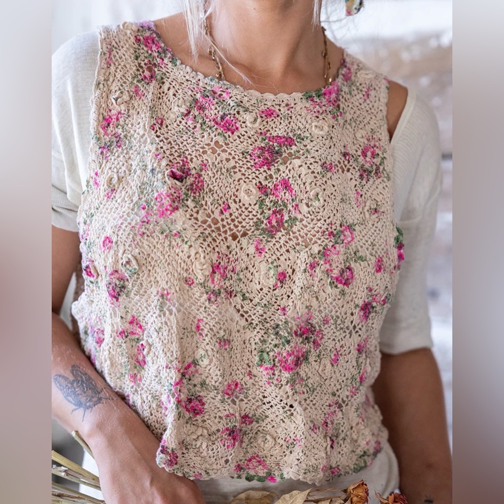 Magnolia Pearl Cotton floral Crochet Tithonia Tiny Tank in Strawberry Roses